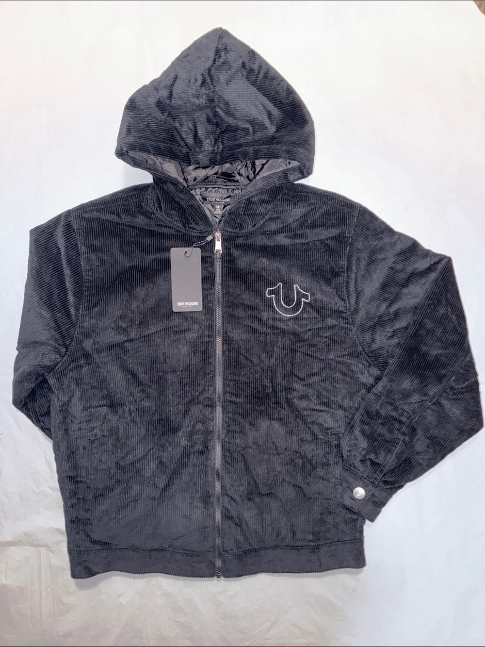 True Religion Black Hooded Corduroy Zip-Up Jacket